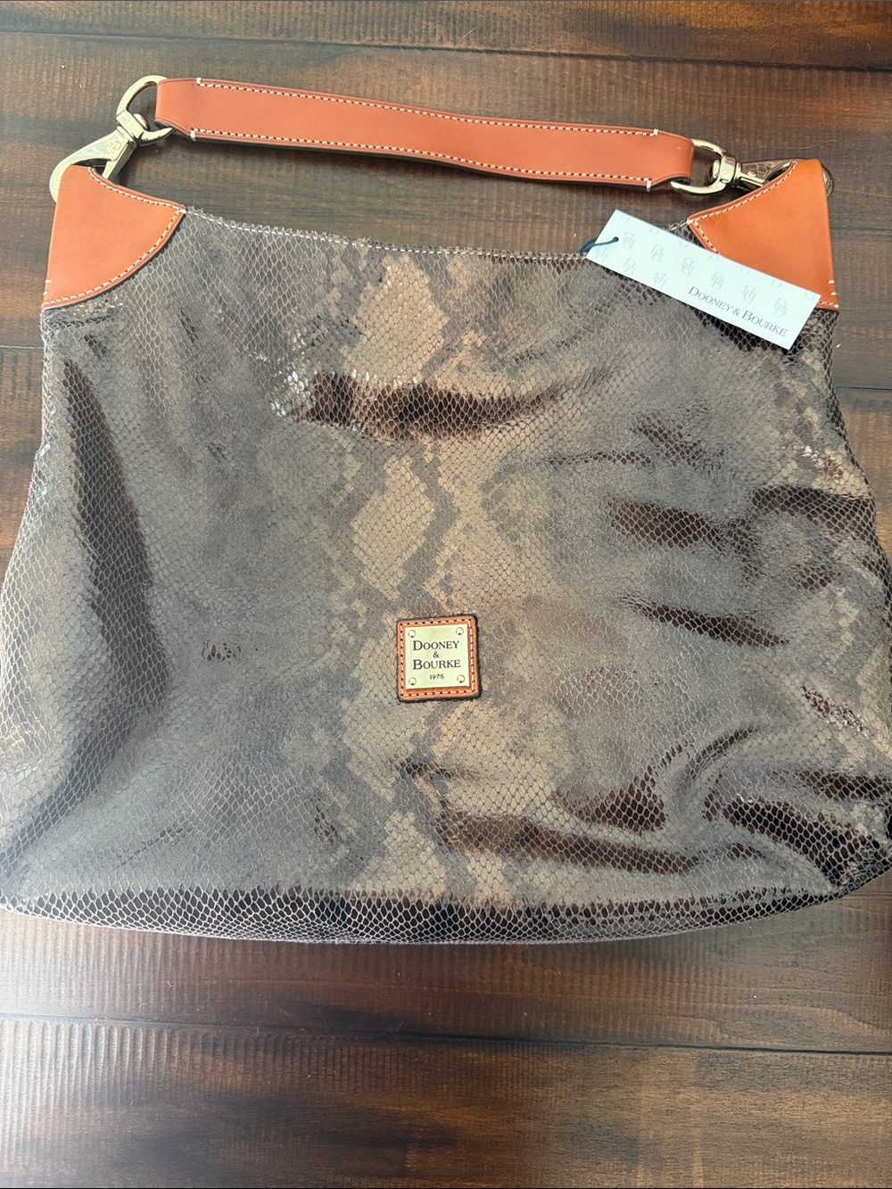 Dooney & Bourke Brown Snake-Embossed Shoulder Bag with Tan Accents